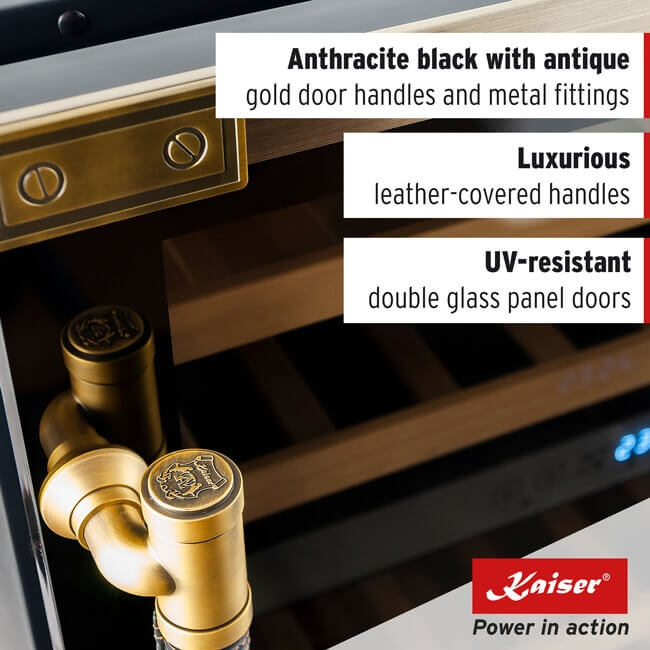 Antique gold door handle on a Kaiser Art Deco wine fridge, with text describing its design features