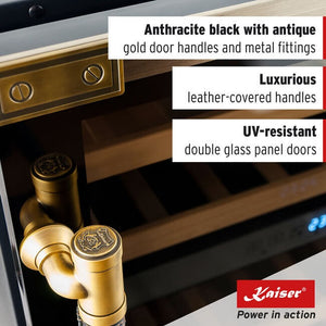Antique gold door handle on a Kaiser Art Deco wine fridge, with text describing its design features