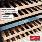Pull-out wooden shelves with text describing the 5 to 28°C temperature range and five shelves