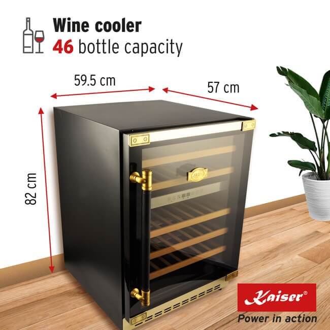 Kaiser Art Deco wine fridge dimensions graphic: 82cm high, 59.5cm wide, 57cm deep, 46 bottles