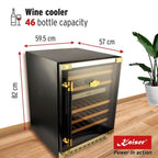Kaiser Art Deco wine fridge dimensions graphic: 82cm high, 59.5cm wide, 57cm deep, 46 bottles
