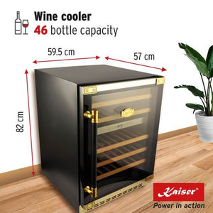 Kaiser Art Deco wine fridge dimensions graphic: 82cm high, 59.5cm wide, 57cm deep, 46 bottles