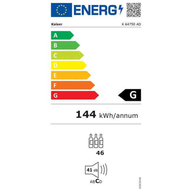 Energy label for the Kaiser K 64750 AD wine fridge, class G, 144 kWh per year