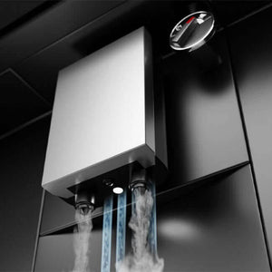Close-up of the coffee machine's dispenser with steam and hot water pouring