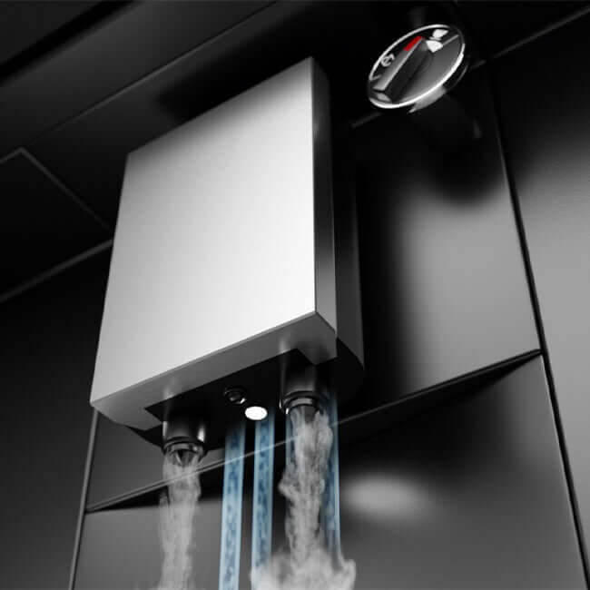 Close-up of the coffee machine's dispenser with steam and hot water pouring
