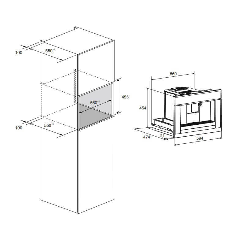 Cut-out and dimension drawing for the Kaiser La Perle Noire built-in coffee machine