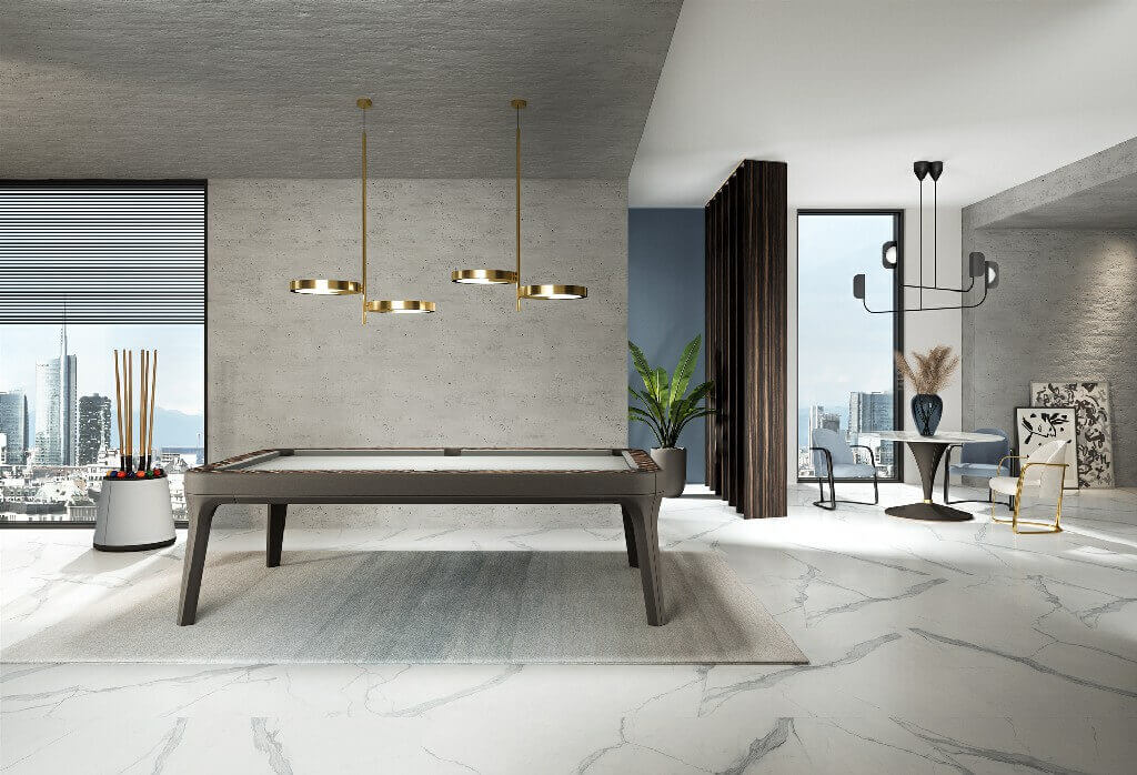 Dark leather Luxury Dandy pool table in a modern games room with brass pendant lights