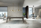 Dark leather Luxury Dandy pool table in a modern games room with brass pendant lights