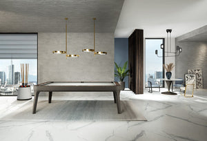 Dark leather Luxury Dandy pool table in a modern games room with brass pendant lights