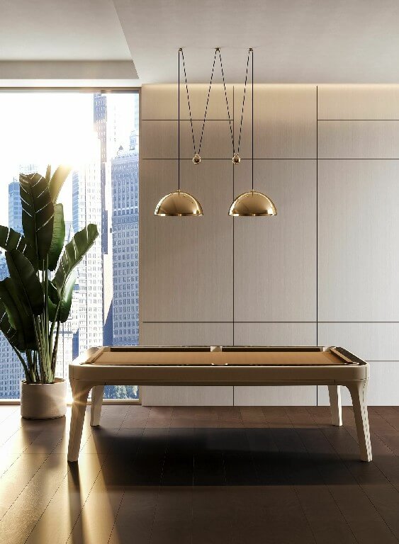 Beige leather Luxury Dandy pool table under brass pendant lights