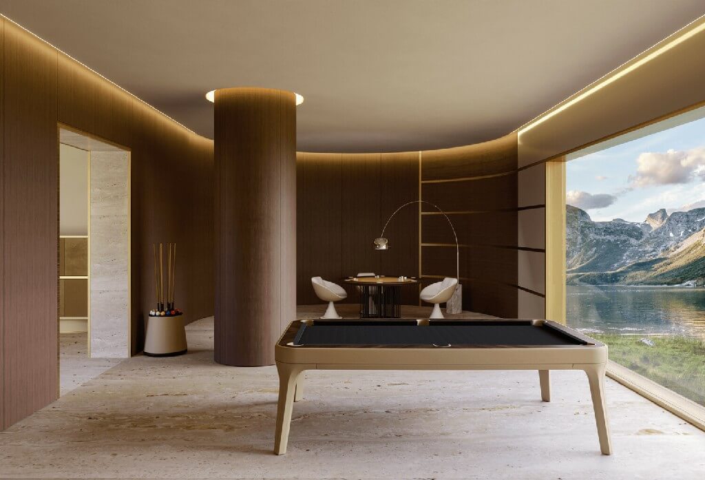 Luxury Dandy pool table in a contemporary lounge with a mountain view window