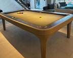 Taupe leather Luxury Dandy pool table with camel cloth and a racked set of balls