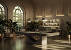 Luxury Mono pool table in a light concrete-effect finish in a lounge with arched windows