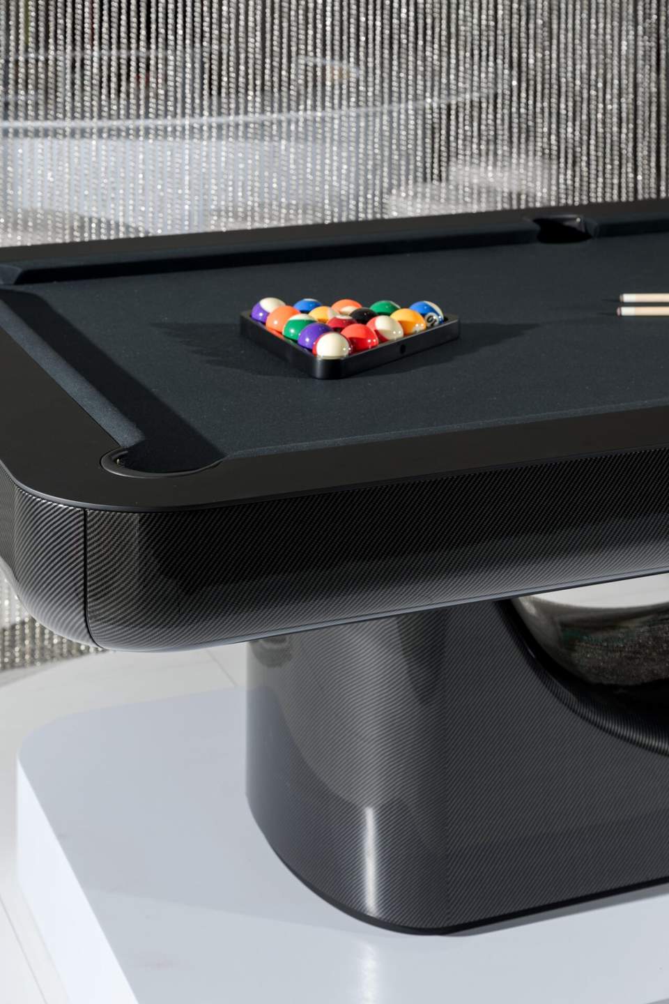 Corner of the Luxury Mono with a carbon-fibre-effect finish and racked balls
