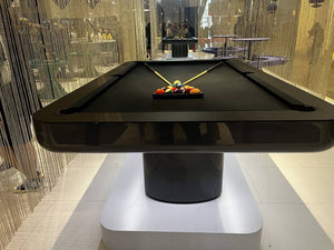 Black Luxury Mono pool table with racked balls and crossed cues