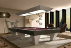Luxury Newde pool table with burgundy cloth and white tapered legs in a city-view games room