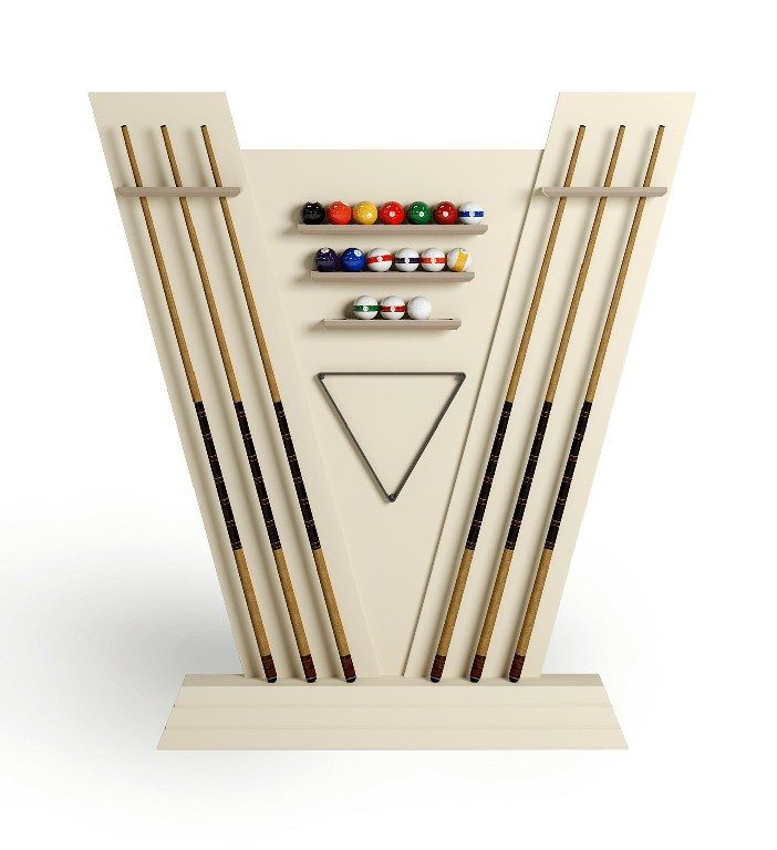 Newde cue rack in cream lacquer with cues, balls and triangle
