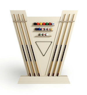 Newde cue rack in cream lacquer with cues, balls and triangle