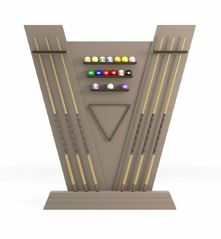 Newde cue rack in taupe lacquer with cues, balls and triangle