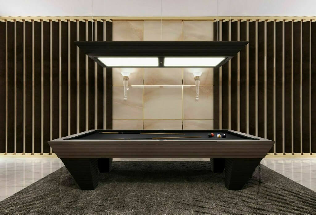 Front view of a dark brown Luxury Newde pool table under a matching light canopy