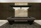 Front view of a dark brown Luxury Newde pool table under a matching light canopy