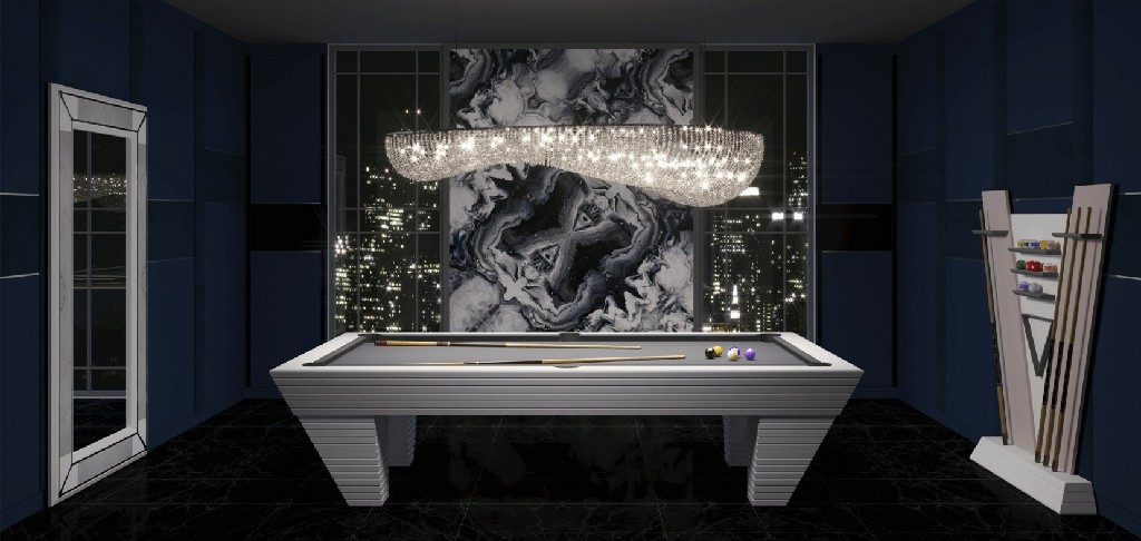 Silver grey Luxury Newde pool table in a dark room with a city view