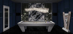 Silver grey Luxury Newde pool table in a dark room with a city view