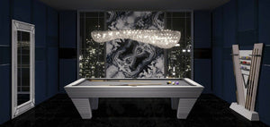 Silver grey Luxury Newde pool table in a dark room with a city view