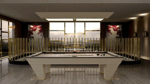Cream Luxury Newde pool table in a panoramic room with gold accents