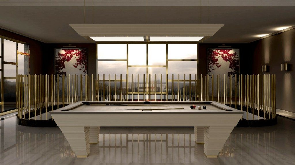 Cream Luxury Newde pool table in a panoramic room with gold accents