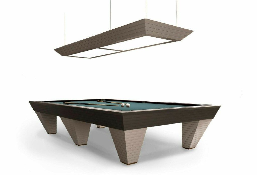 Taupe Luxury Newde pool table with green cloth and a matching light on a white background