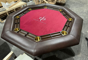 Luxury octagonal poker table with red playing surface, hardwood racetrack and brass cupholders