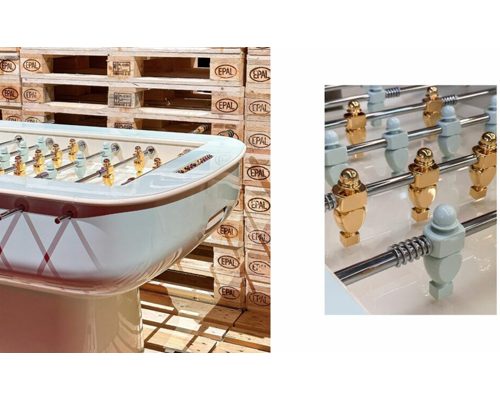 White Luxury Oskar football table with gold and pale blue players