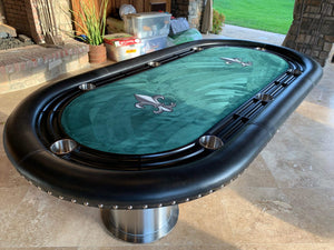 Luxury oval poker table with green fleur-de-lis cloth, black leather rail and brushed steel pedestal