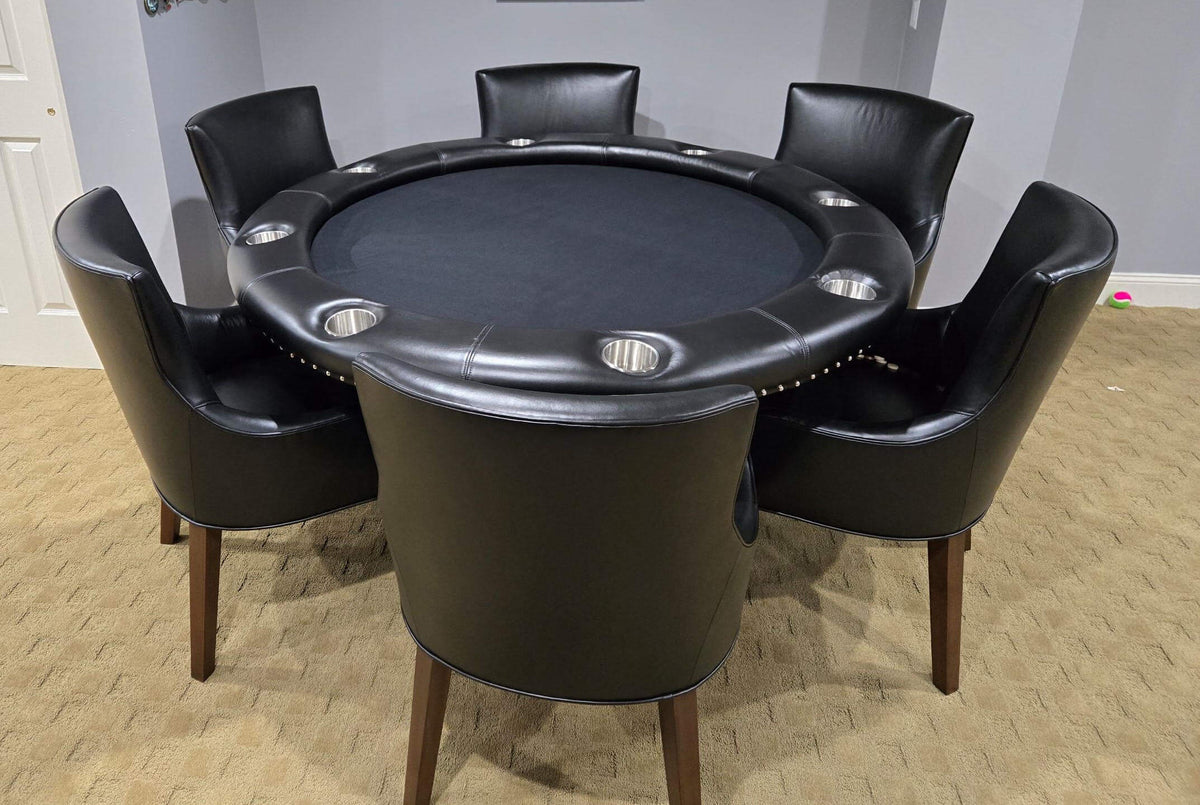 Luxury round poker table with black cloth, black leather rail and steel cupholders, with black leather chairs