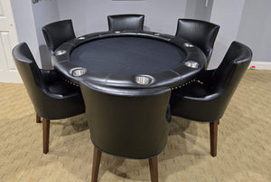 Luxury round poker table with black cloth, black leather rail and steel cupholders, with black leather chairs