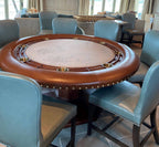 Luxury round poker table with mahogany racetrack and pedestal base, with chairs
