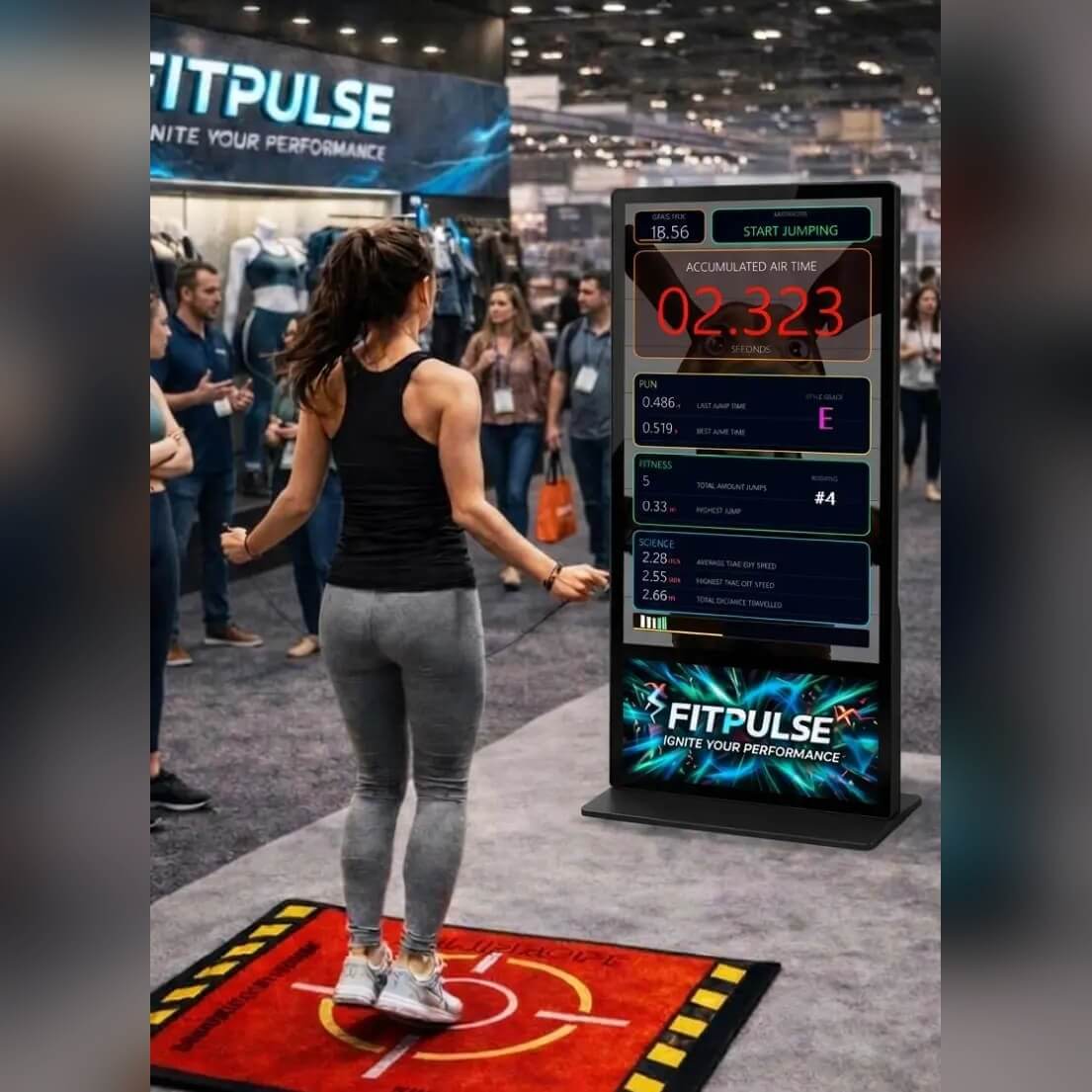 Touchscreen kiosk running a game with a floor mat