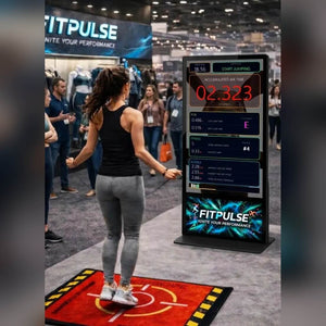 Touchscreen kiosk running a game with a floor mat