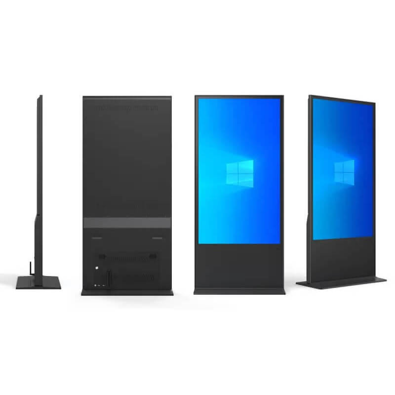 Touchscreen kiosk shown from the side, front and back