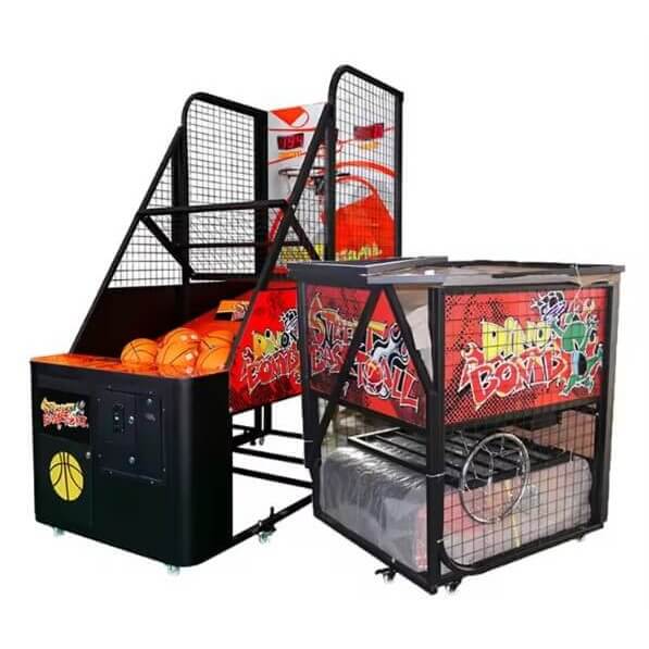 Two basketball arcade machines with double scoreboards
