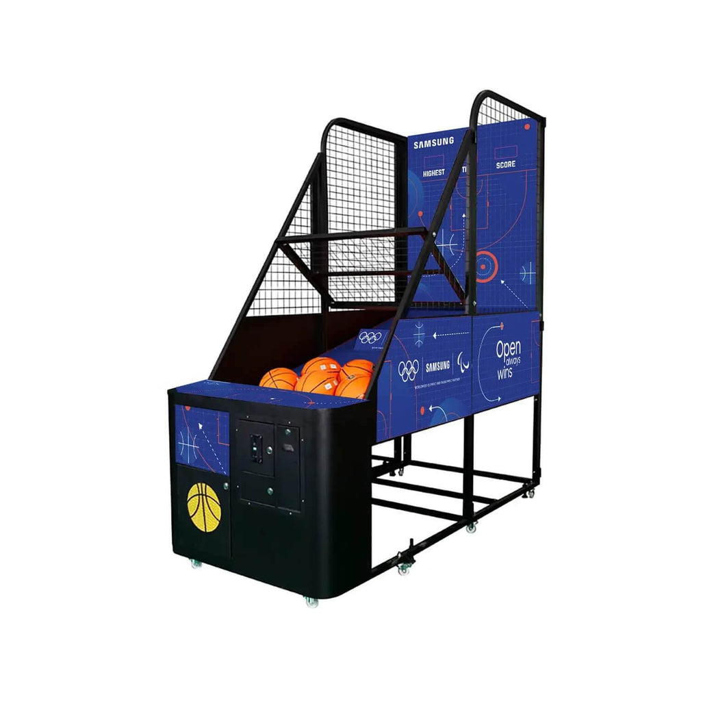 Blue MadeForArcade basketball arcade machine with LED scoreboard