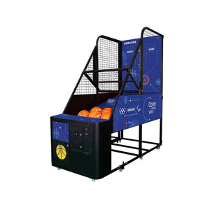 Blue MadeForArcade basketball arcade machine with LED scoreboard