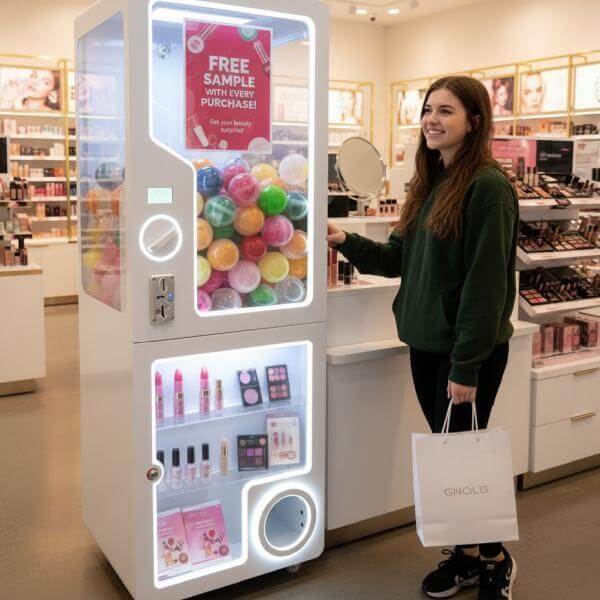 A woman beside the capsule vending kiosk in a shopping centre