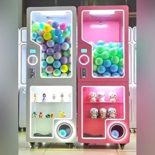 Two capsule vending kiosks filled with colourful capsules