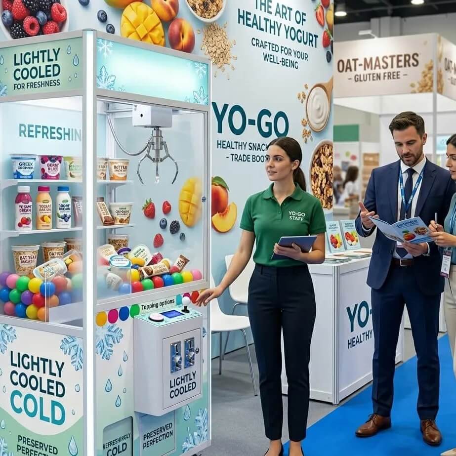 Visitors beside a branded cooled claw machine at a trade show