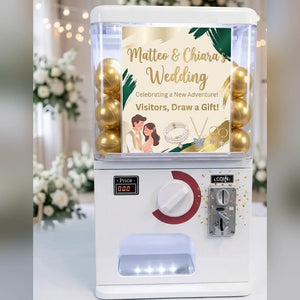 Counter-top gashapon machine with a wedding poster in its lightbox