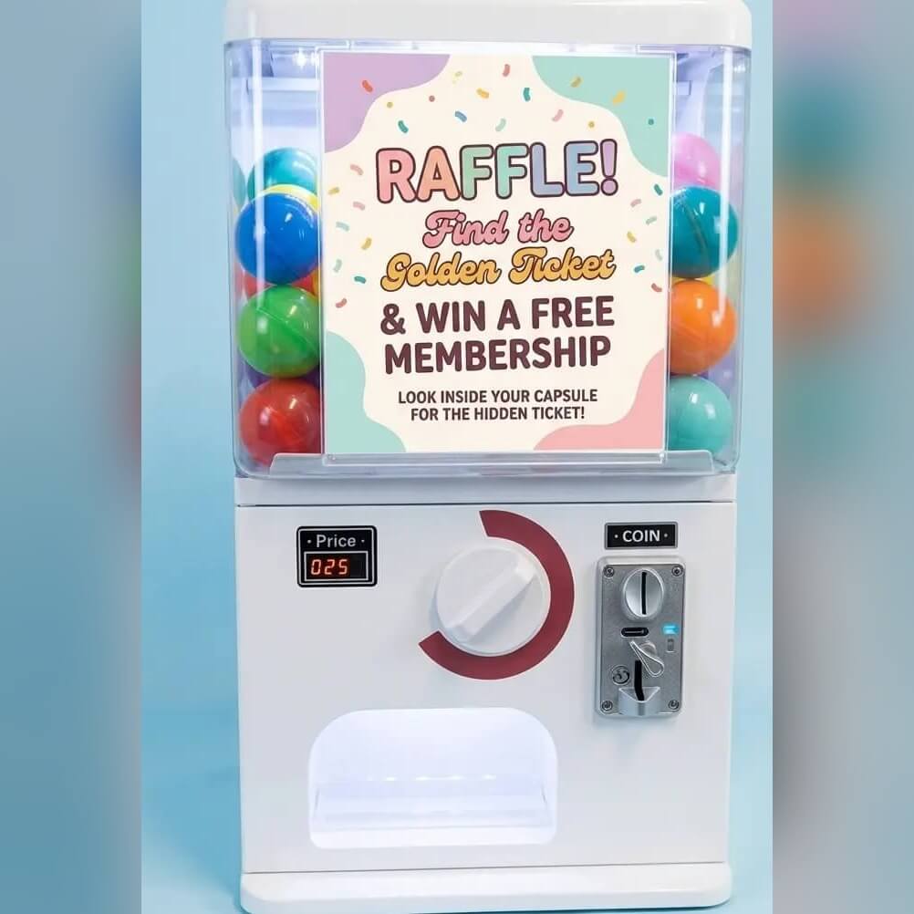 Counter-top gashapon machine with a raffle poster in its lightbox