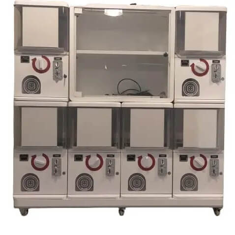 Modular counter-top gashapon units stacked to form a wall