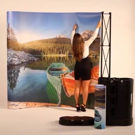 Curved backdrop wall with printed lake artwork